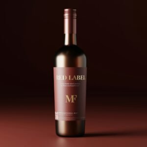 a bottle of red wine on a brown background
